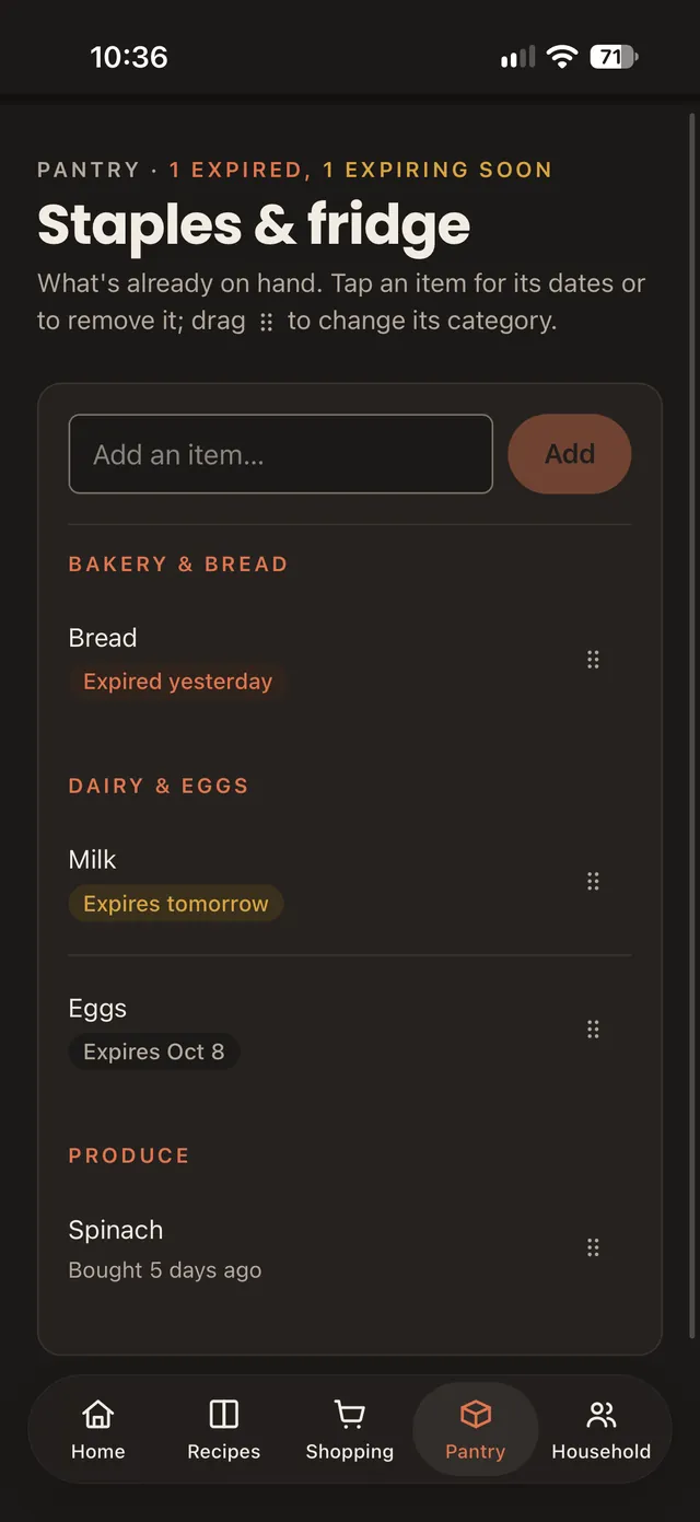 cuterie's pantry on iPhone, flagging bread that expired yesterday and milk that expires tomorrow