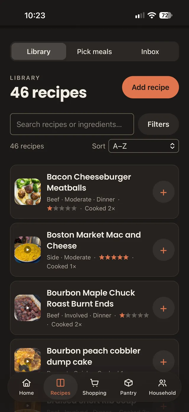 cuterie's recipe library on iPhone, with recipes, ratings and an add button on each